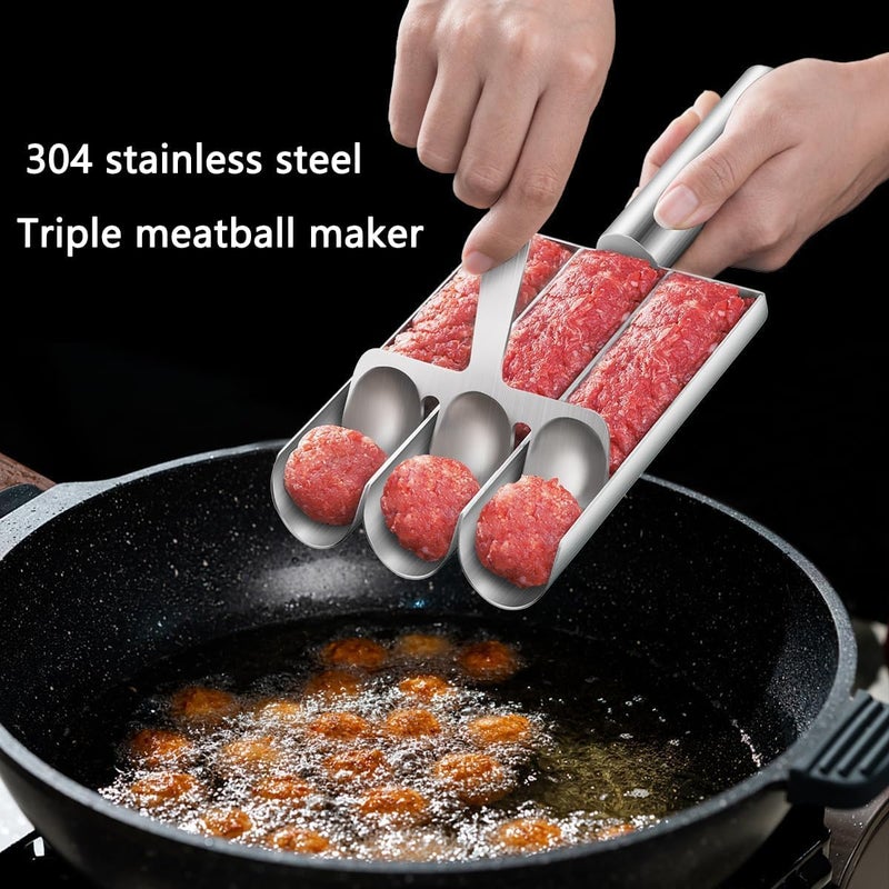 AMUSCHAT Triple Meatball Maker With Cutting Spade + Meat Ball Scoop, Stainless Steel Manual Home Meat Ball Maker, Kitchen Mould for Quick Making Hush Puppy, Fritter, Sweet Ball, Rice Ball, Chicken Meatball - Image 3